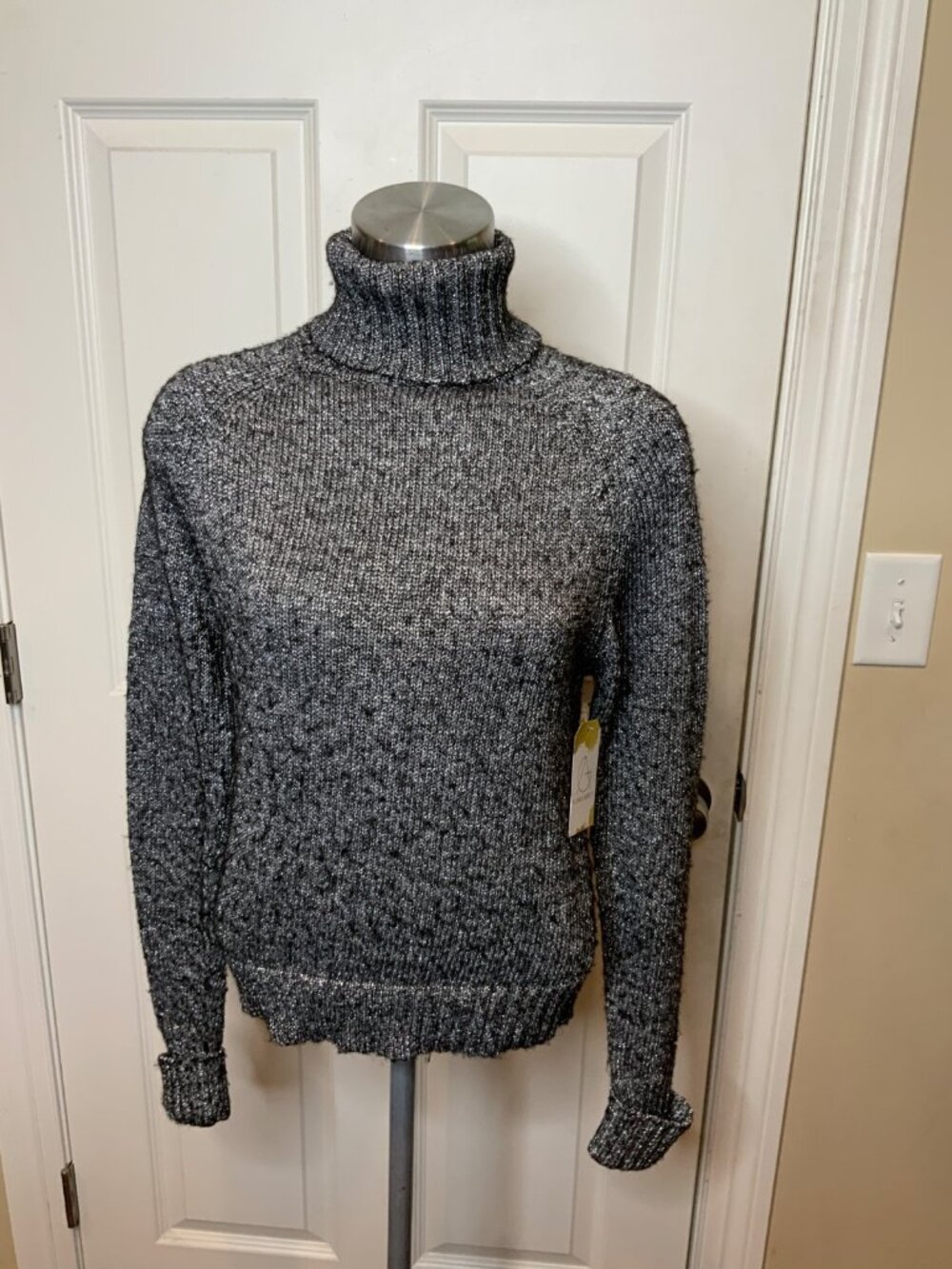 Anthropologie Silver Metallic Knit Wool Blend Turtleneck Sweater, Size XS